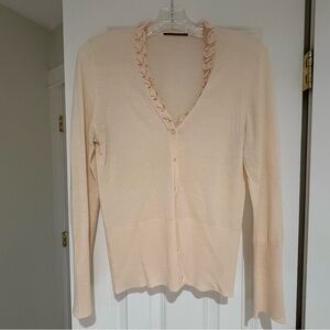 Elie Tahari Cream Cardigan Sweater with Ruffle V-Neck